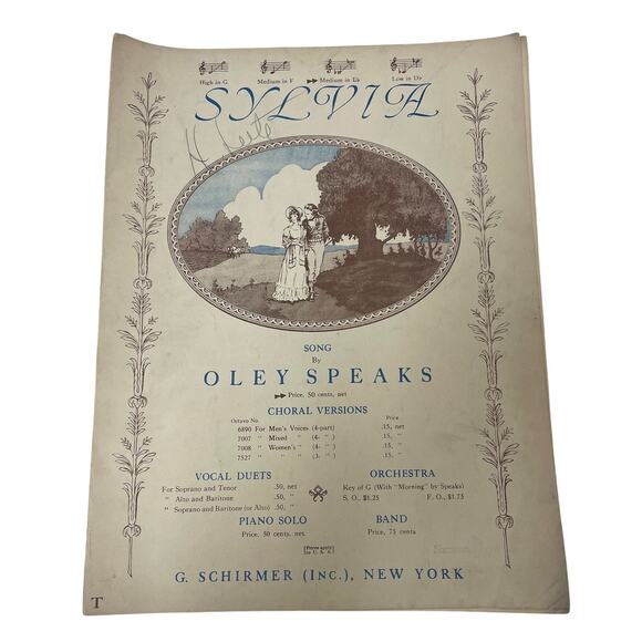Antique 1914 Sylvia Song by Oley Speaks by G Schirmer Inc Piano Sheet Music - Picture 1 of 3